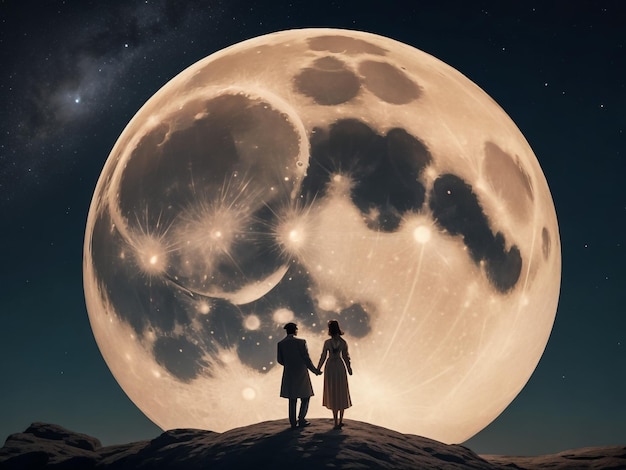 The silhouette of a couple staring at the full moon and kissing