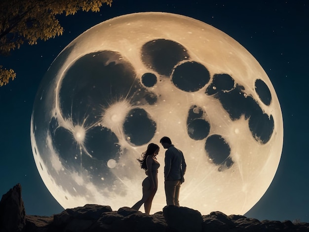 The silhouette of a couple staring at the full moon and kissing