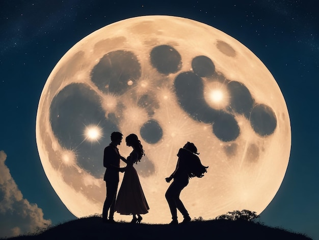 The silhouette of a couple staring at the full moon and kissing