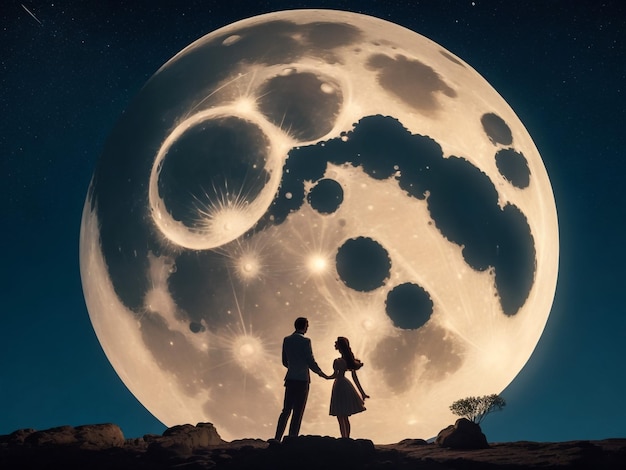 The silhouette of a couple staring at the full moon and kissing