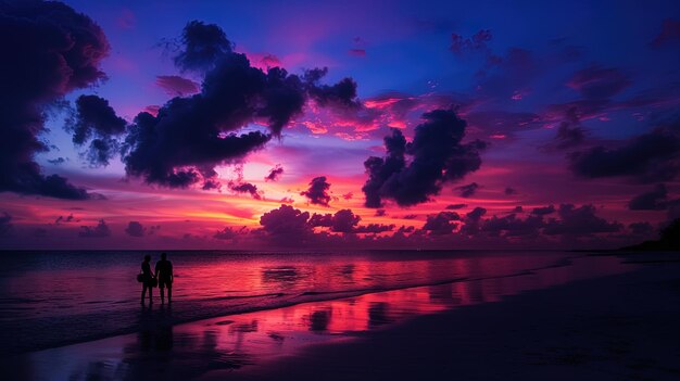 熱帯のビーチで夕暮れのカップルのシルエット