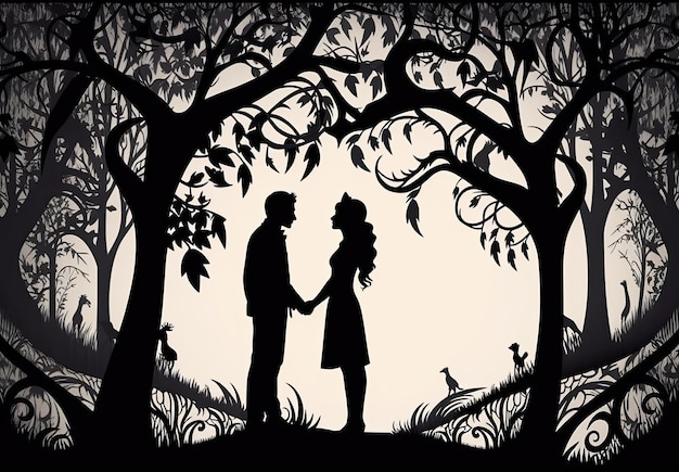 A silhouette of a couple under a tree with a hat on it.