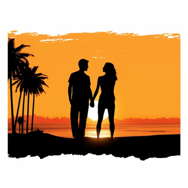 Photo silhouette of a couple walking on a beach at sunset generative ai