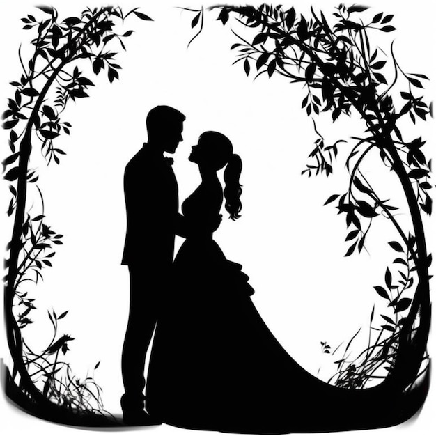 Silhouette of a couple with a floral arch in the background.
