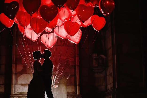 Foto silhouette di una coppia con palloncini a forma di cuore di notte