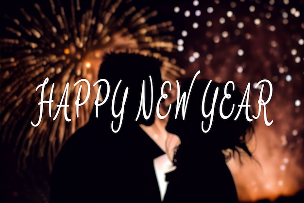 Silhouette of a couple with new year's fireworks and Happy New Year Text