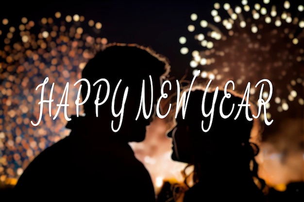 Silhouette of a couple with new year's fireworks and Happy New Year Text