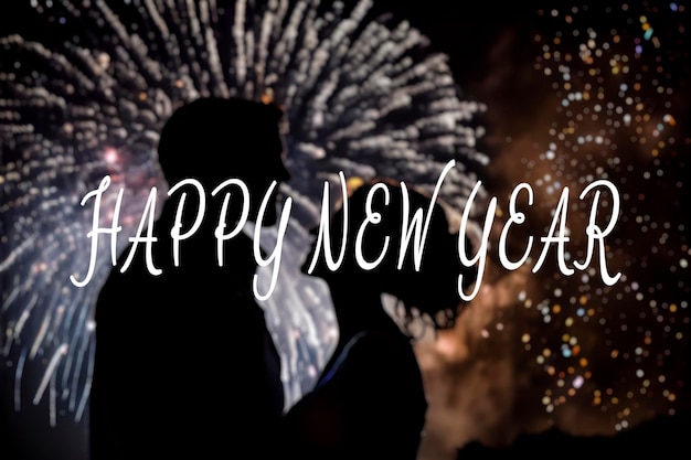 Silhouette of a couple with new year's fireworks and Happy New Year Text