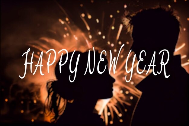 Photo silhouette of a couple with new year's fireworks and happy new year text