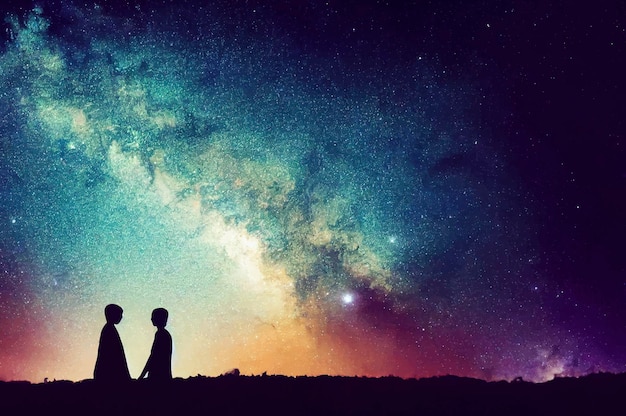 Silhouette of couple with night scene milky way background in\
the galaxy