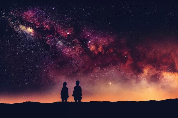 Silhouette of couple with night scene milky way background in\
the galaxy