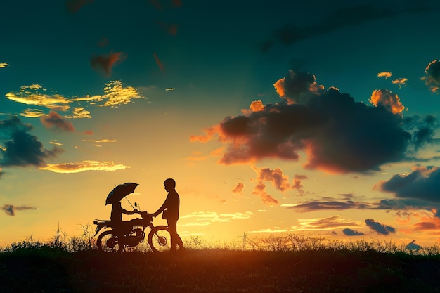 Silhouette of couple with umbrella and scooter on sunset background