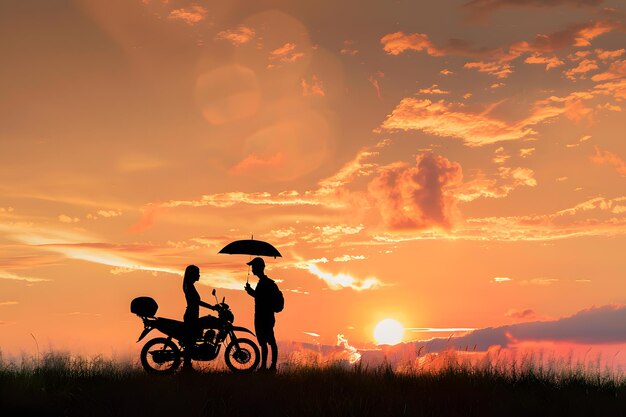 Silhouette of couple with umbrella and scooter on sunset background