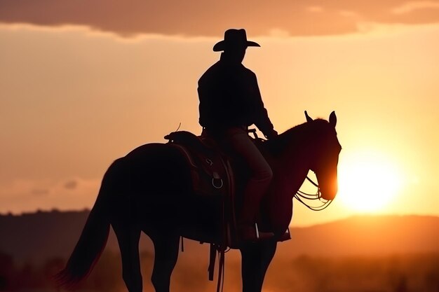 Foto silhouette di un cowboy a cavallo al tramonto rete neurale generata nel maggio 2023 non basata su scene o modelli di persone reali