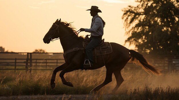 Silhouette cowboy on horseback ranch