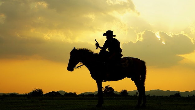 Silhouette of cowboy riding horse against sunset in the field