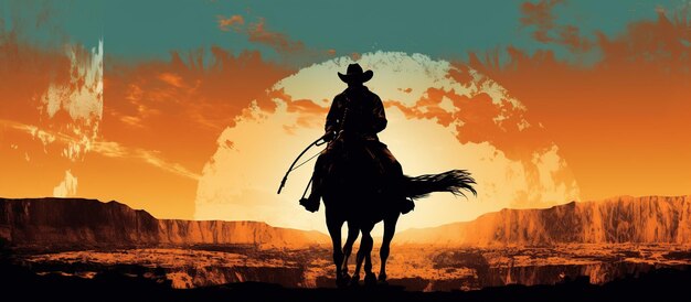 Силуэт ковбоя верхом на лошади на фоне захода солнца, сгенерированное ИИ