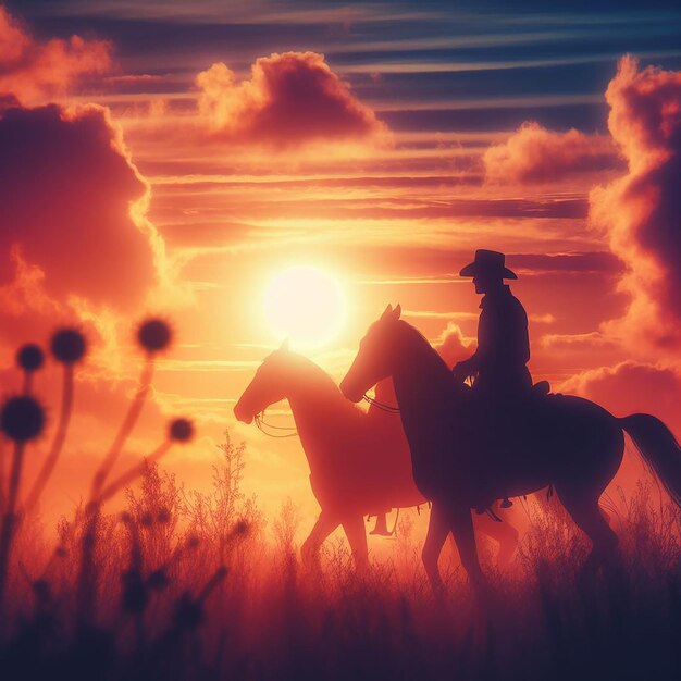 silhouette of a cowboy riding into the sunset c4d dreamy and optimistic vibrant sky