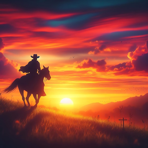 silhouette of a cowboy riding into the sunset generated by ai