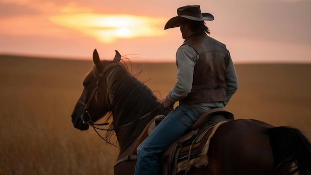 The silhouette of the cowboy on the setting sun