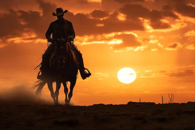 Silhouette of a cowboy at sunset