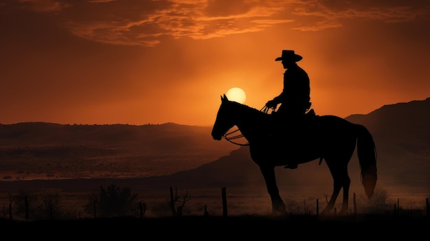 Силуэт ковбоя с шляпой на лошади на закате