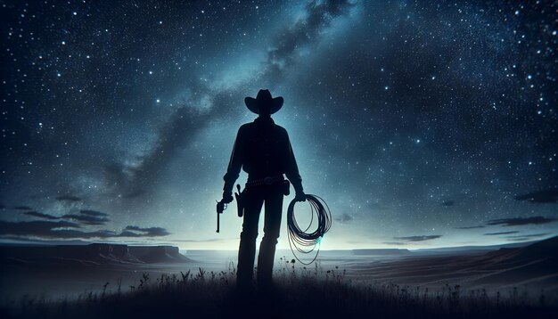 Silhouette of a cowboy with a lasso under a starry sky conjuring a peaceful night in the vast open