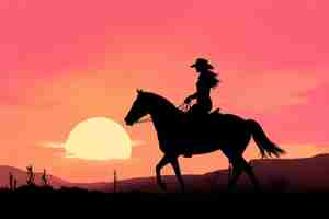 Photo silhouette of cowgirl galloping on horseback against a pink sky at sunset on a western ranch