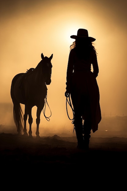 Photo silhouette of a cowgirl riding a horse equestrian illustration wallpaper