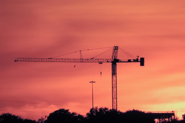 Silhouette crane and trees against cloudy sky during sunset