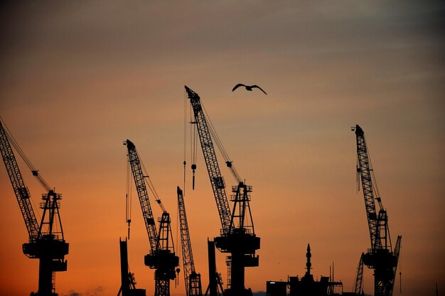 写真 夕暮れの空に照らされたクレーンのシルエット