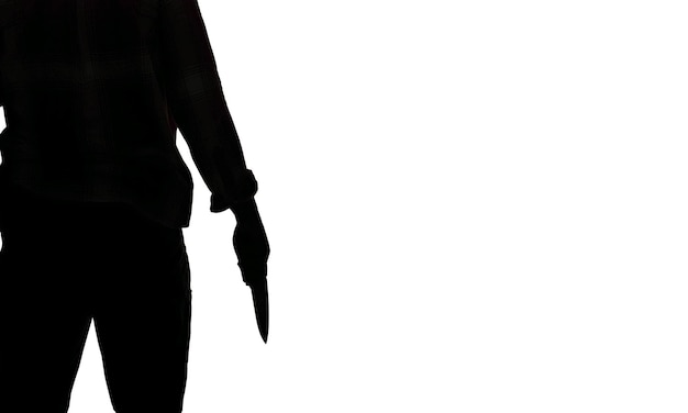 白い背景の上のナイフで立っている犯罪者のシルエットカットアウト