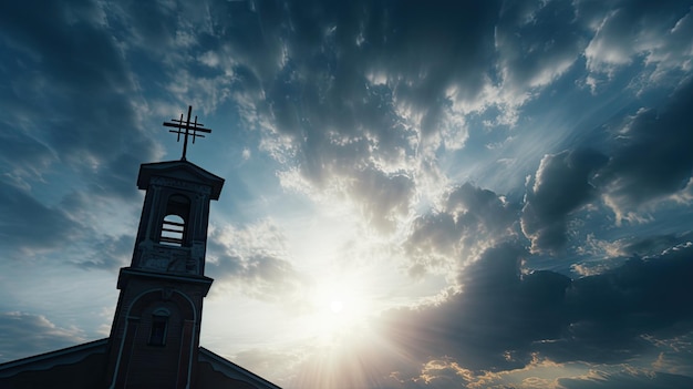 Silhouette of cross and belfry against cloudy sky at Catholic church in Shrine of our Lady Trsat