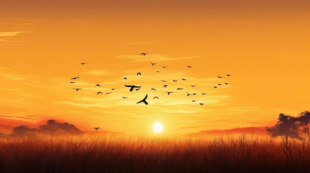 Silhouette cross and birds flying in autumn sunrise meadow background of thanks giving concept