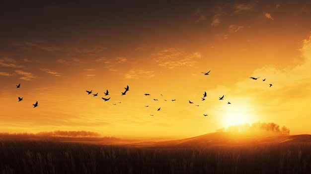 シルエットの十字架と感謝を与えるコンセプトの秋の日の出草原の背景に飛んでいる鳥