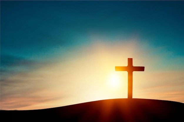 Silhouette cross on Calvary mountain sunset background. Easter concept            - Image