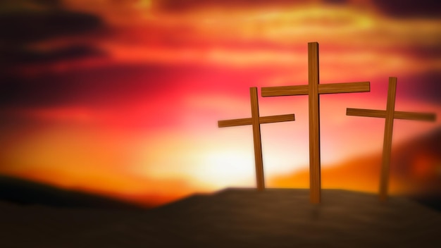 the silhouette cross on calvary mountain sunset easter concept 3d rendering