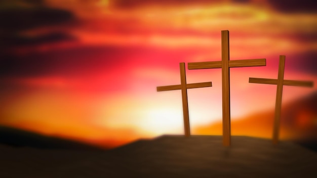 The Silhouette cross on Calvary mountain sunset Easter concept 3d rendering