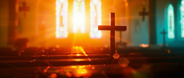 Photo the silhouette of a cross in a church interior with stained glass windows as a concept for prayer and religion is abstractly defocused