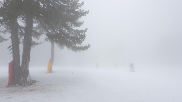 Silhouette of a cross country skier barely visible in very dense fog Bad weather on ski resort