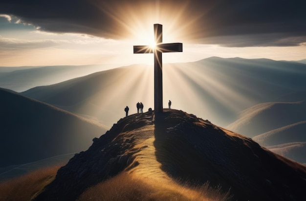 산 위의 실루 십자가 태양의 광선과 함께 사람들 부활절 개념