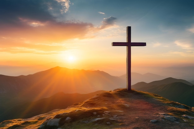 Silhouette of a cross on a mountain at sunset