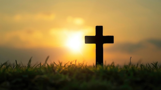 Silhouette cross at sunrise on grass