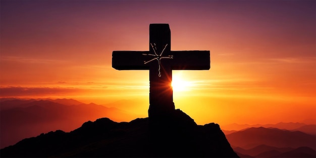 silhouette cross on a top mountain at sunrise good Friday