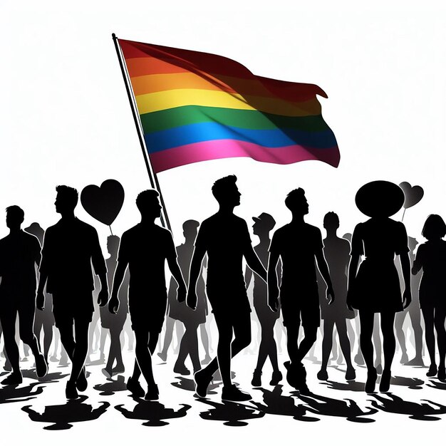 Foto silhouette di una folla di gay e lesbiche che portano una bandiera arcobaleno