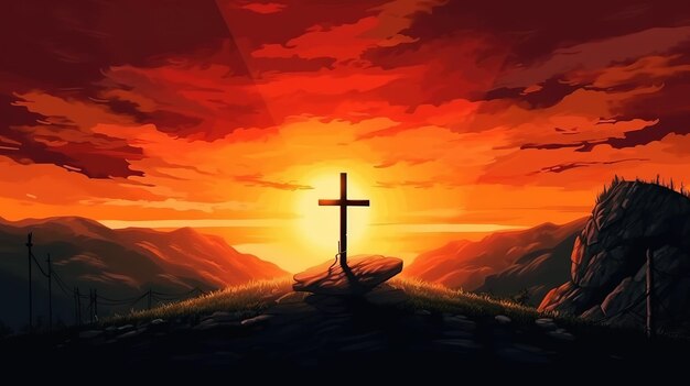 夕焼け空を背景に山に十字架のシルエット ジェネレーティブ AI