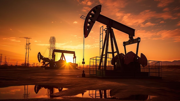 Silhouette of Crude oil pumpjack rig on desert silhouette in evening sunset energy industrial machine for petroleum gas production Generative Ai