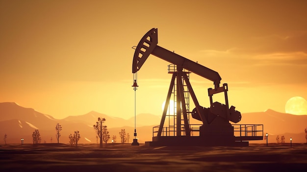 Silhouette of Crude oil pumpjack rig on desert silhouette in evening sunset