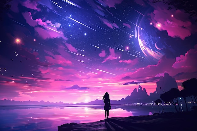 Silhouette of cute girl on Landscape background dark sky and stars with a colorful fractal nebula