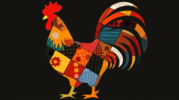 Photo silhouette of cute patchwork style rooster flat vector cock